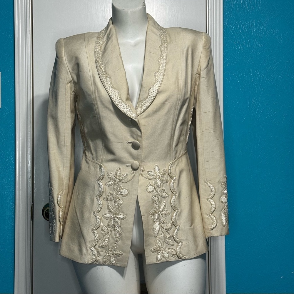 ANYA 100% Silk Shantung Cream Beaded & Embroidered Women's Blazer 90s Vintage 10